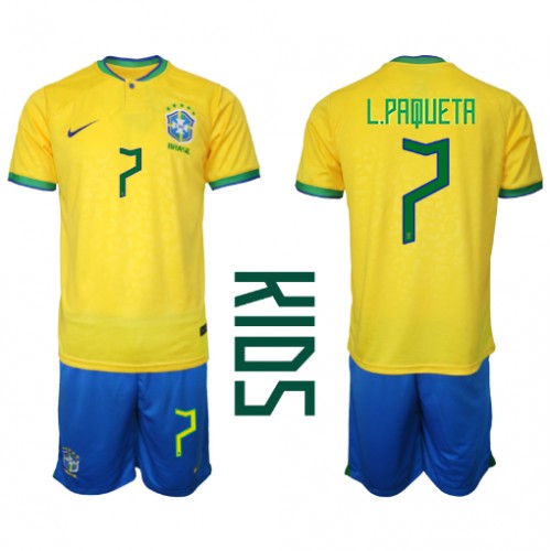 Brazil Lucas Paqueta #7 Domaci Dres za djecu SP 2022 Kratak Rukav (+ Kratke hlače)